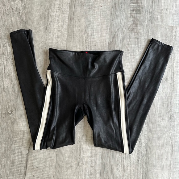 Like New Spanx Faux Leather Black & White Side Stripe Leggings - Picture 7 of 8
